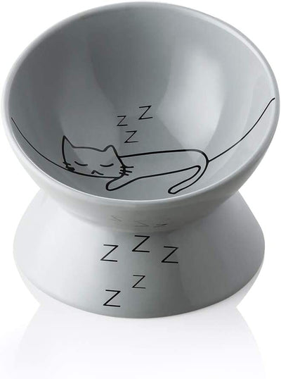 Ceramic Raised Cat Bowls, Slanted Cat Dish Food or Water Bowls, Elevated Porcelain Pet Feeder Bowl Protect Cat'S Spine, Stress Free, Backflow Prevention(Gray)
